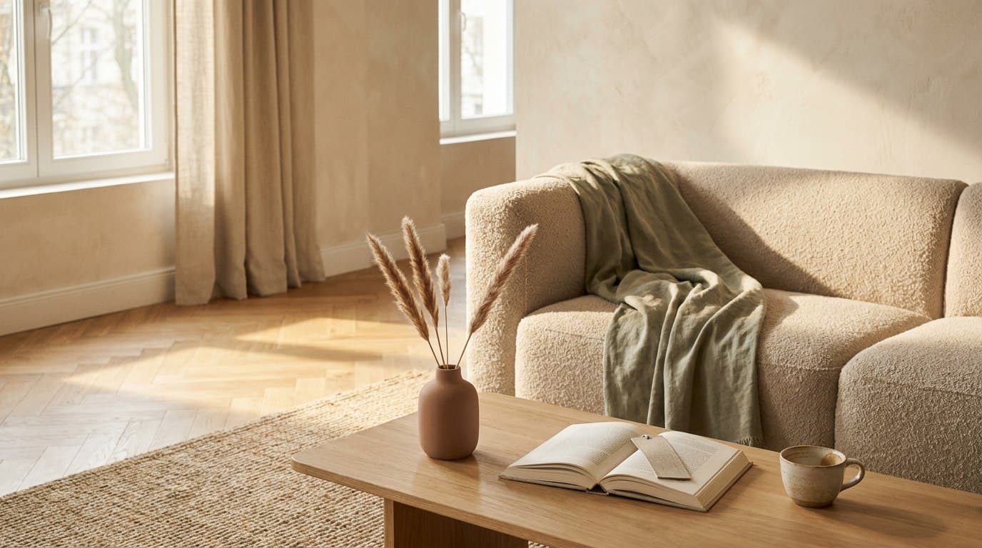 Sunlit living room with a soft sofa, wood table, open book, and sage throw