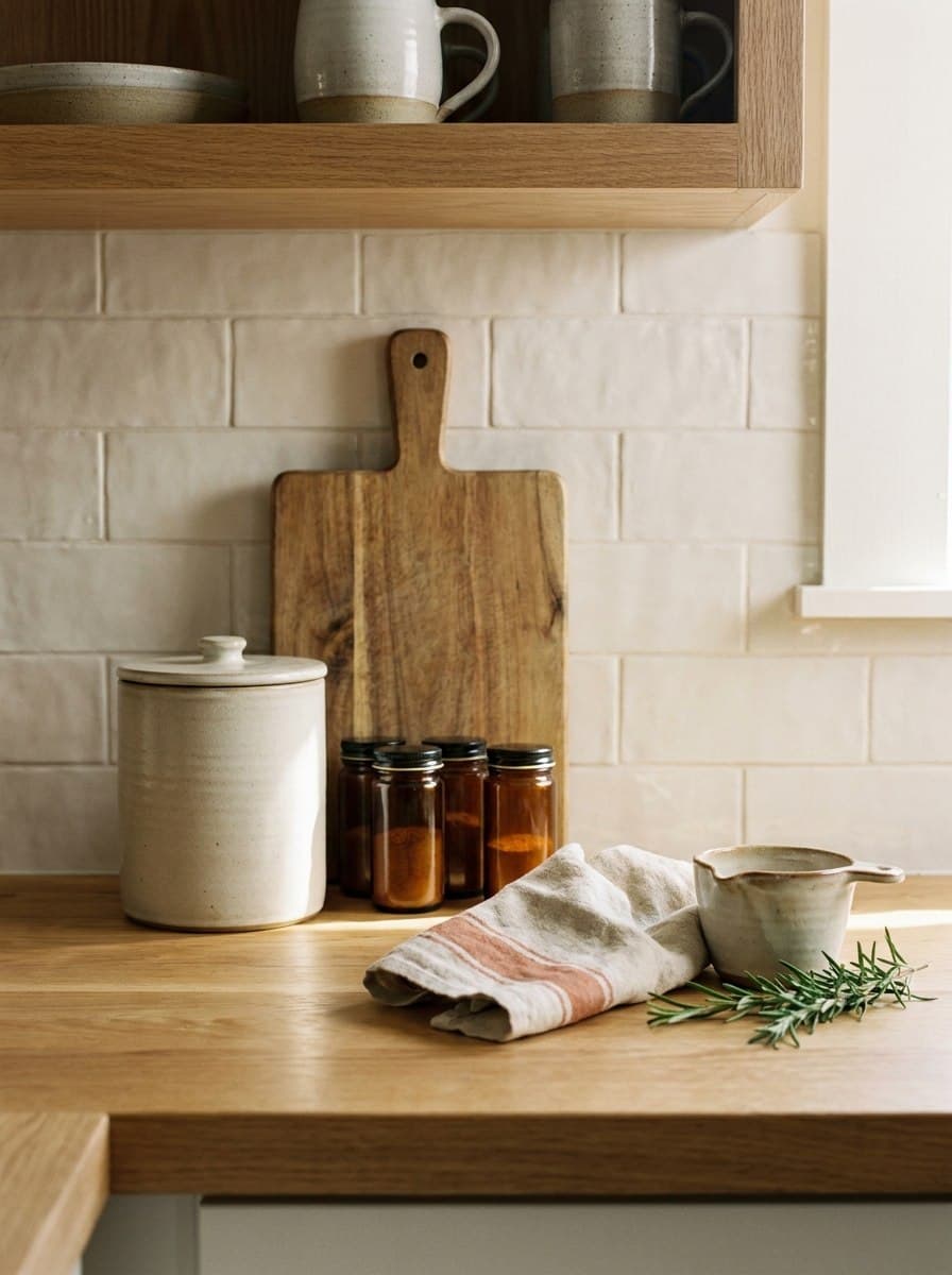 Warm kitchen refresh vignette with ceramic storage, amber jars, and natural textiles