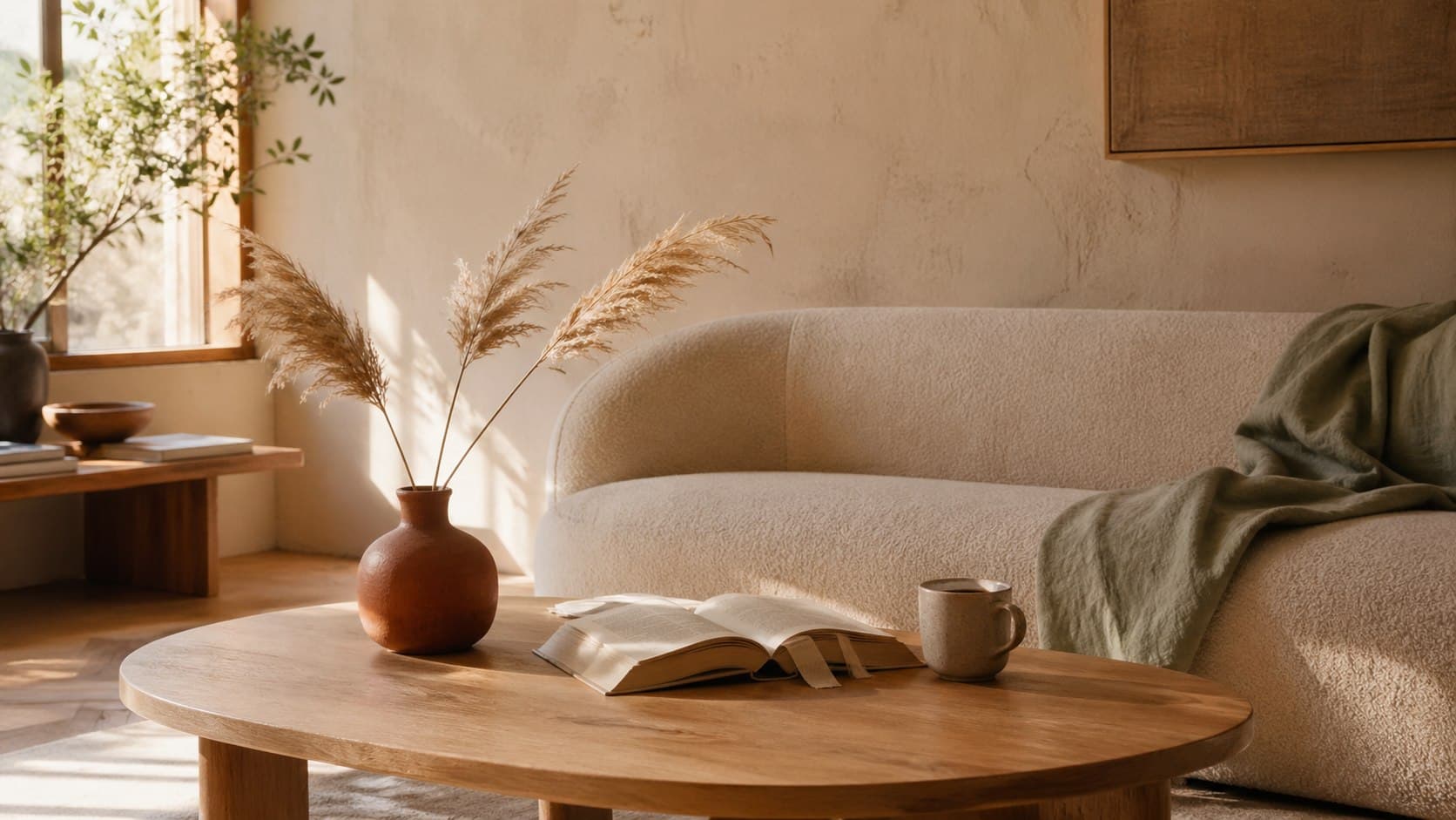 Warm living room with a soft sofa, wood table, open book, and natural light