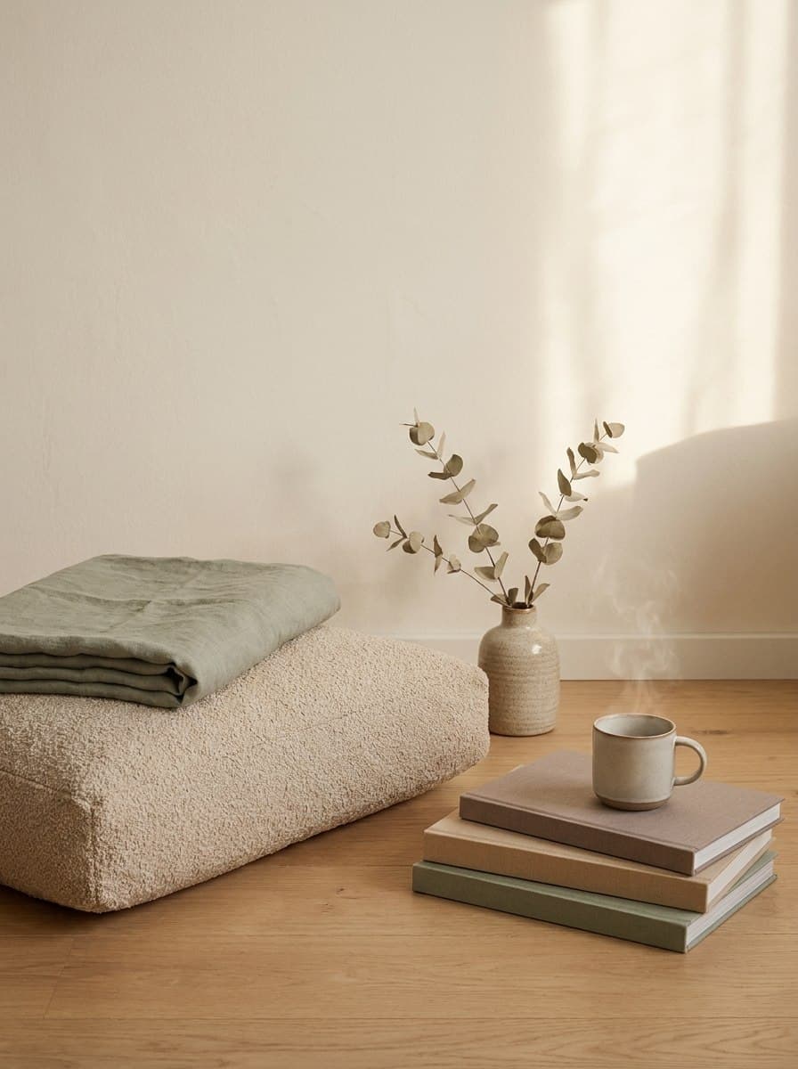 Calm home decor vignette with stacked books, ceramic cup, soft throw, and greenery