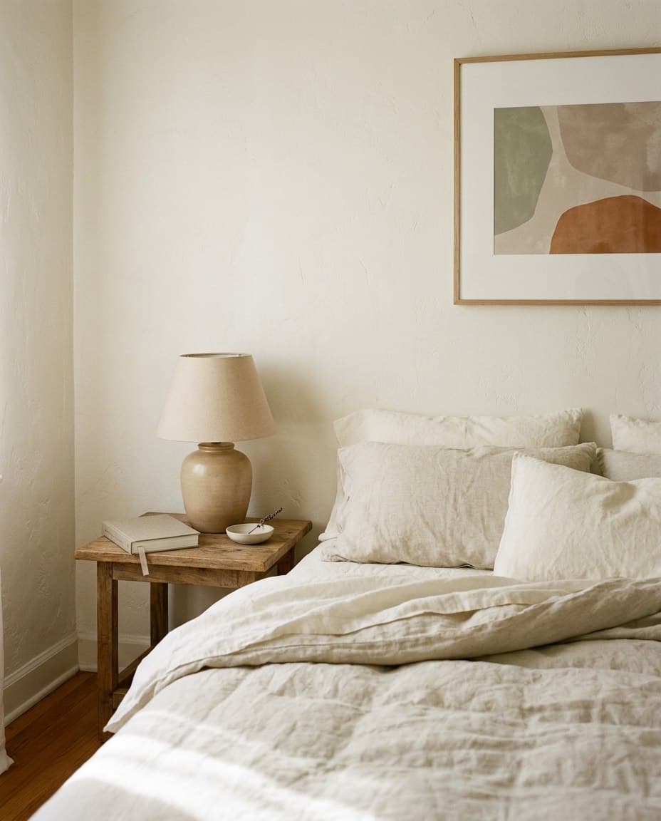 Warm bedroom corner with linen bedding, a bedside lamp, and natural light