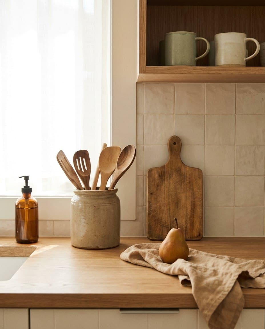 Warm minimal kitchen counter with wooden utensils and ceramic mugs