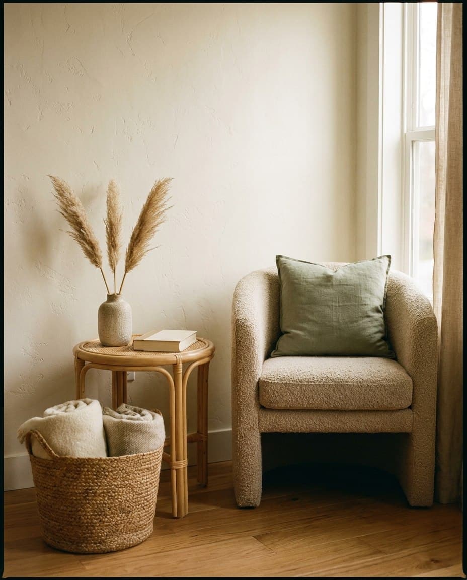 Calm living room corner with a textured chair, woven basket, and pampas stems