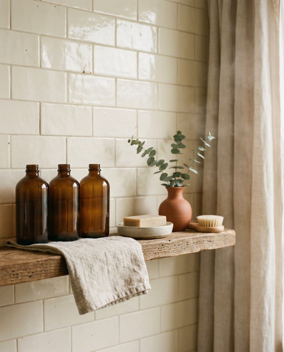 Editorial bathroom shelf with amber bottles, folded cloths, soap, and greenery